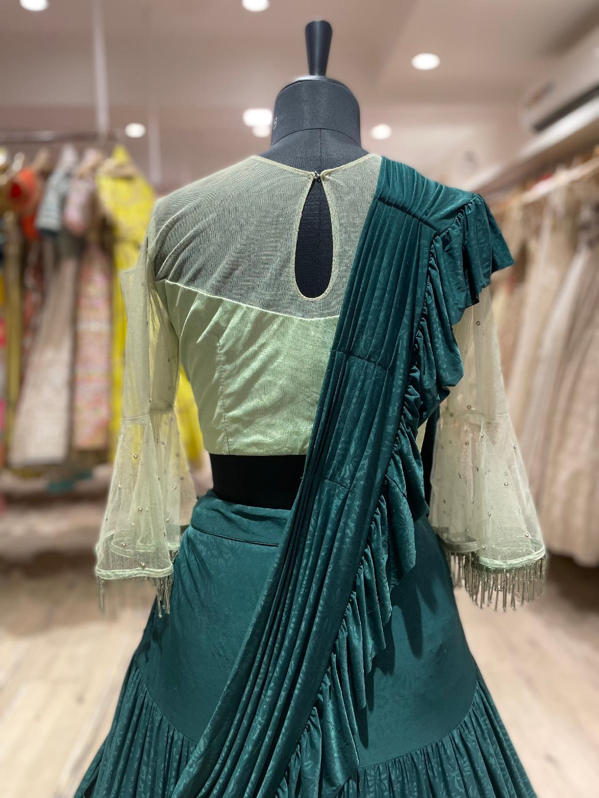 Crop Top Green Skirt Ethnic Janasya Women's Dark Green Georgette