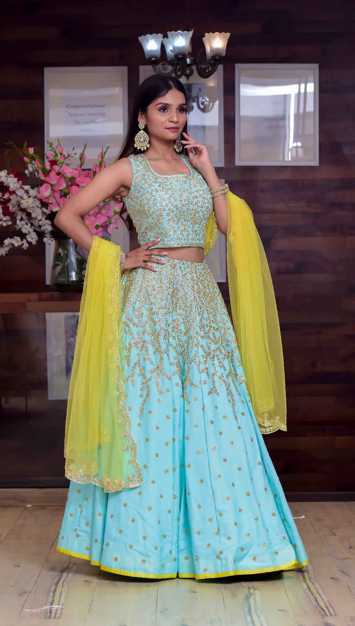 Yellow Lehenga Set With Turquoise Dupatta – Naaz By Noor