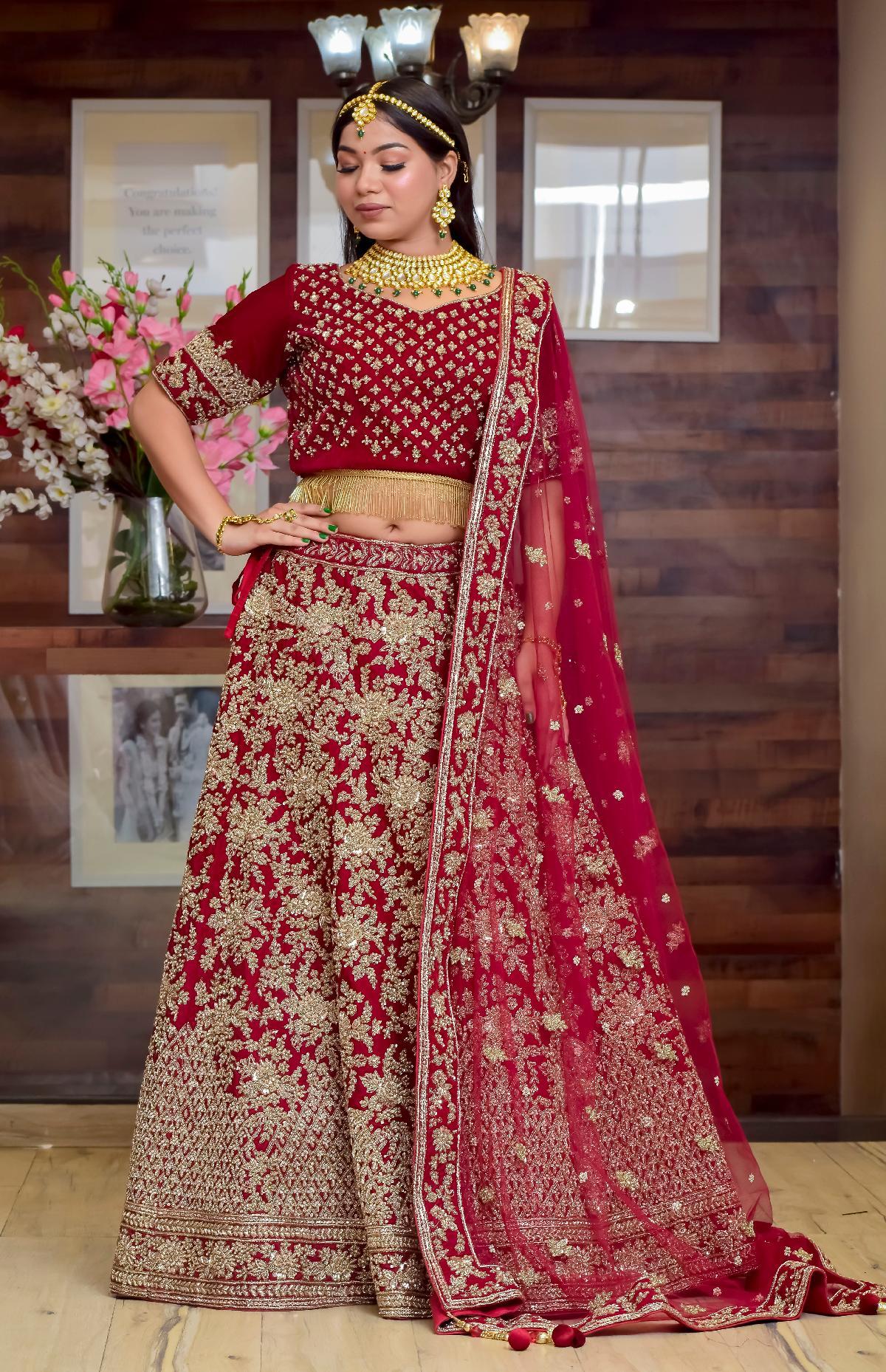 Designer Red Indian Bridal Long Trail Lehenga Choli with Golden Embroidery -