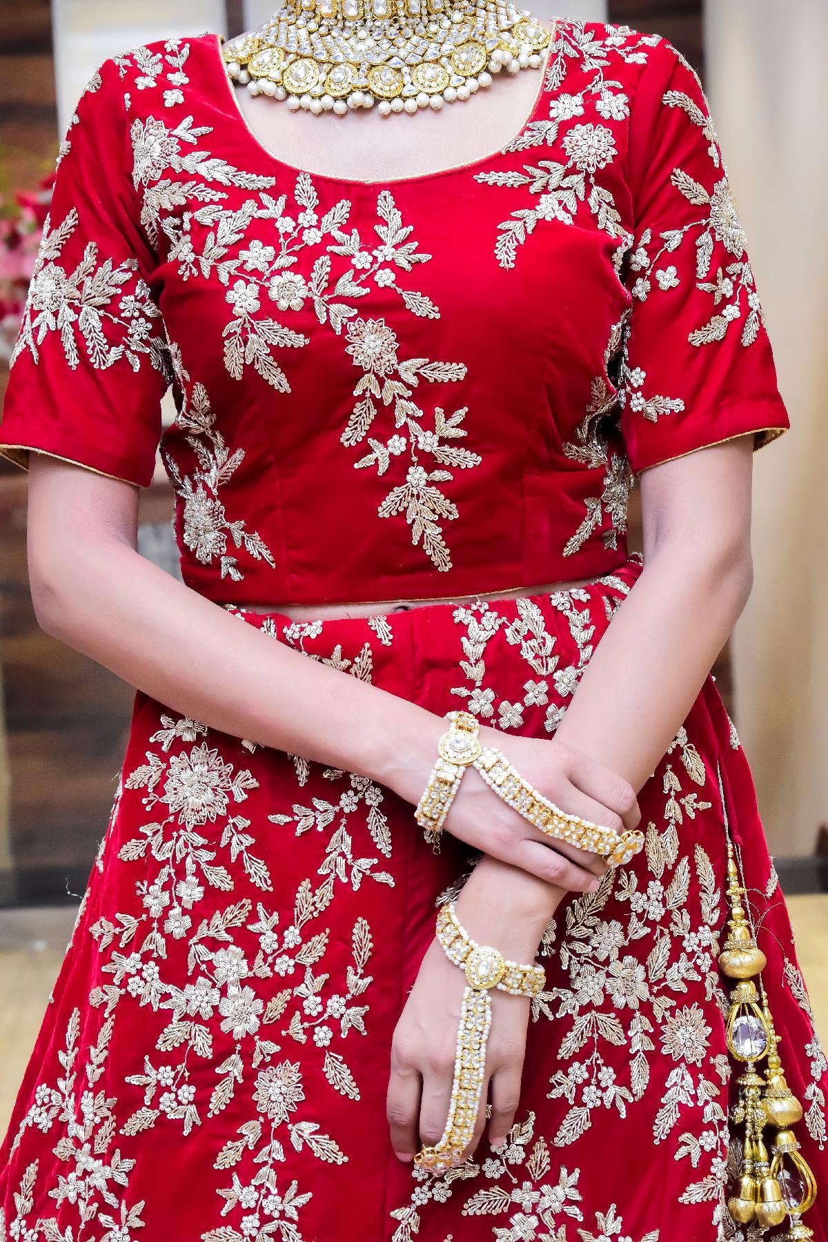 Red Tomato Red Bridal Lehenga by HER CLOSET for rent online FLYROBE