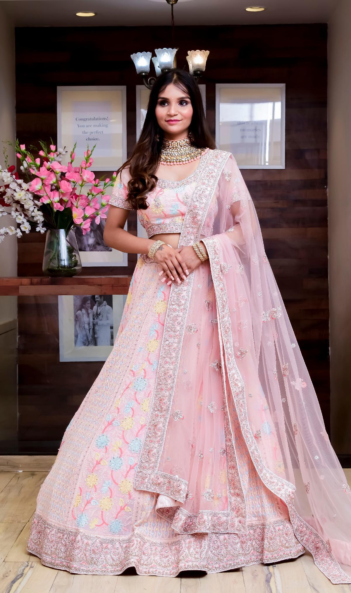 Photo of Light pink girly engagement lehenga with stone work | Indian  wedding gowns, Indian bridal dress, Indian bridal lehenga