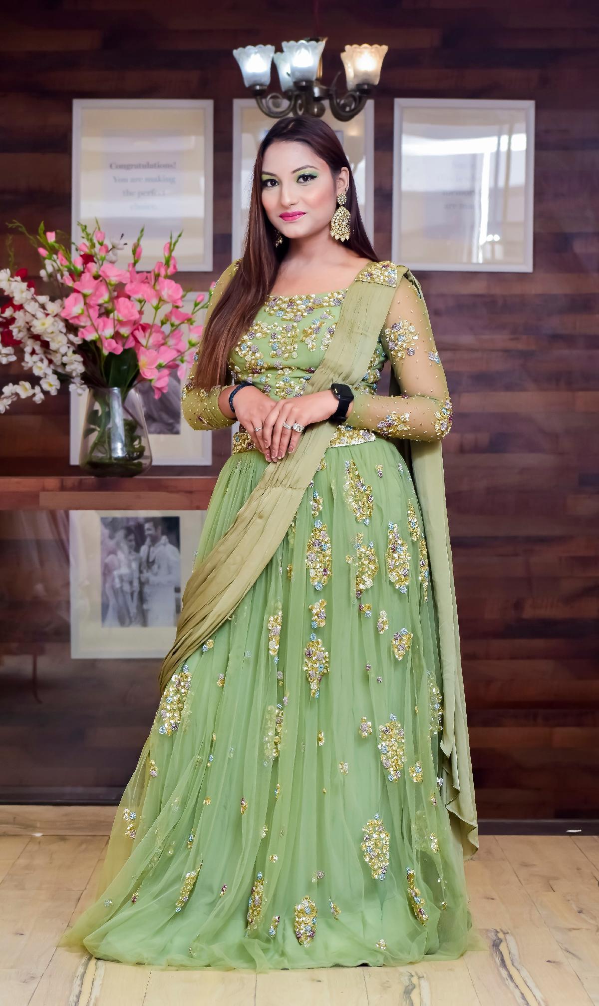 Buy online Sap Green Saree Inspired Ball Gown from western wear for Women  by Mise A'jour for ₹9799 at 30% off | 2023 Limeroad.com
