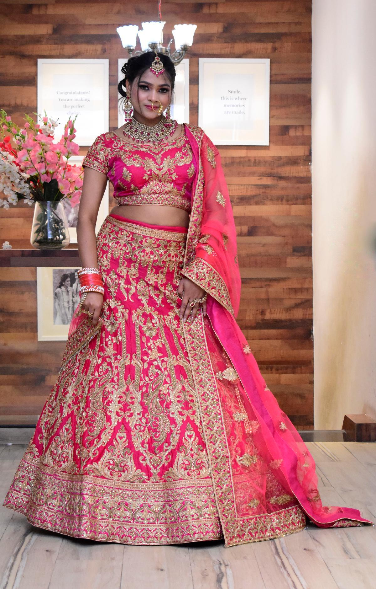 Neon Pink Neon Pink Bridal Lehenga by HER CLOSET for rent online