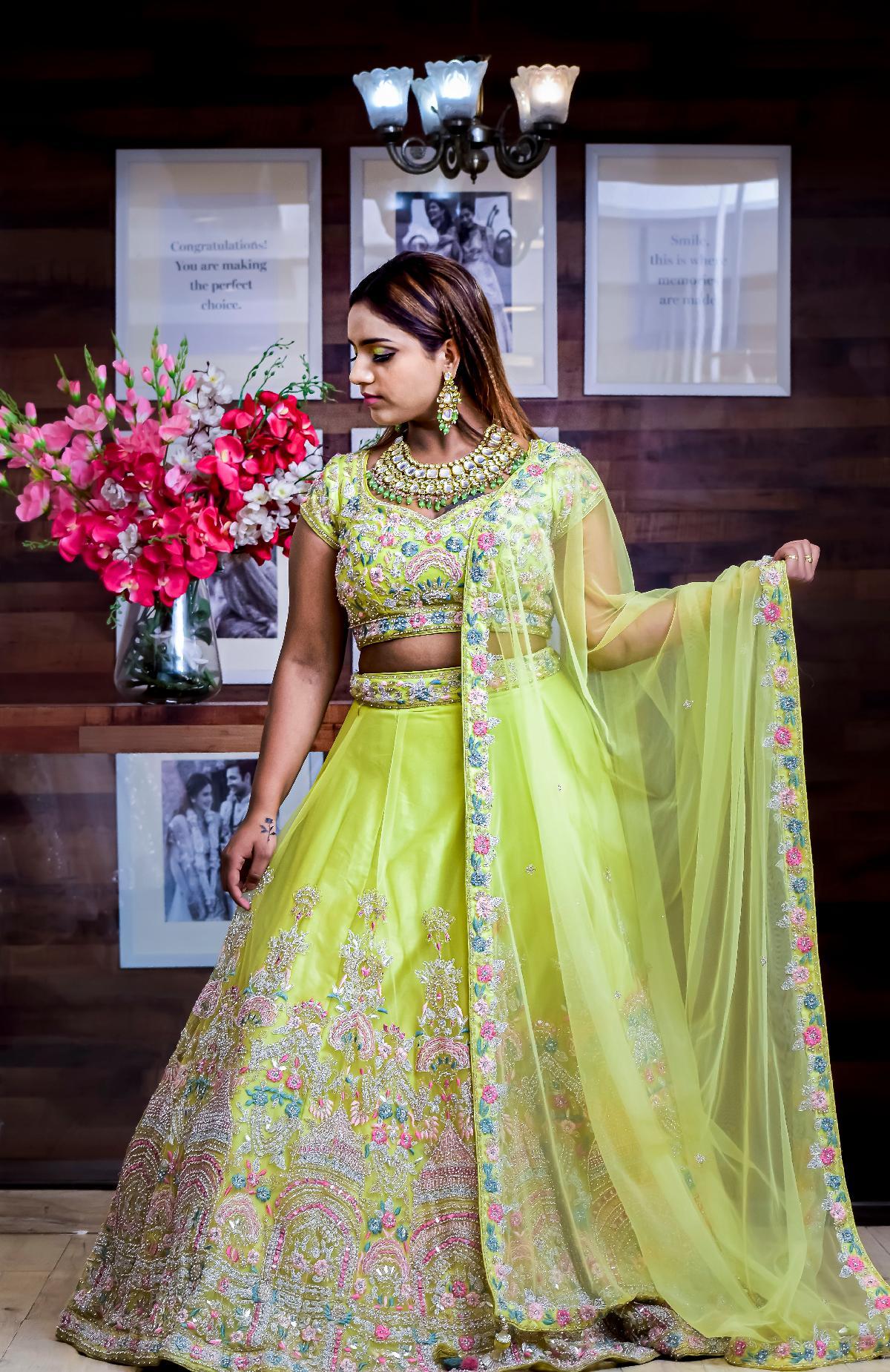 Perfect colour yellow and green lehenga with floral 3d work .. For summer  mehendi function | Half saree lehenga, Wedding lehenga designs, Indian  designer outfits