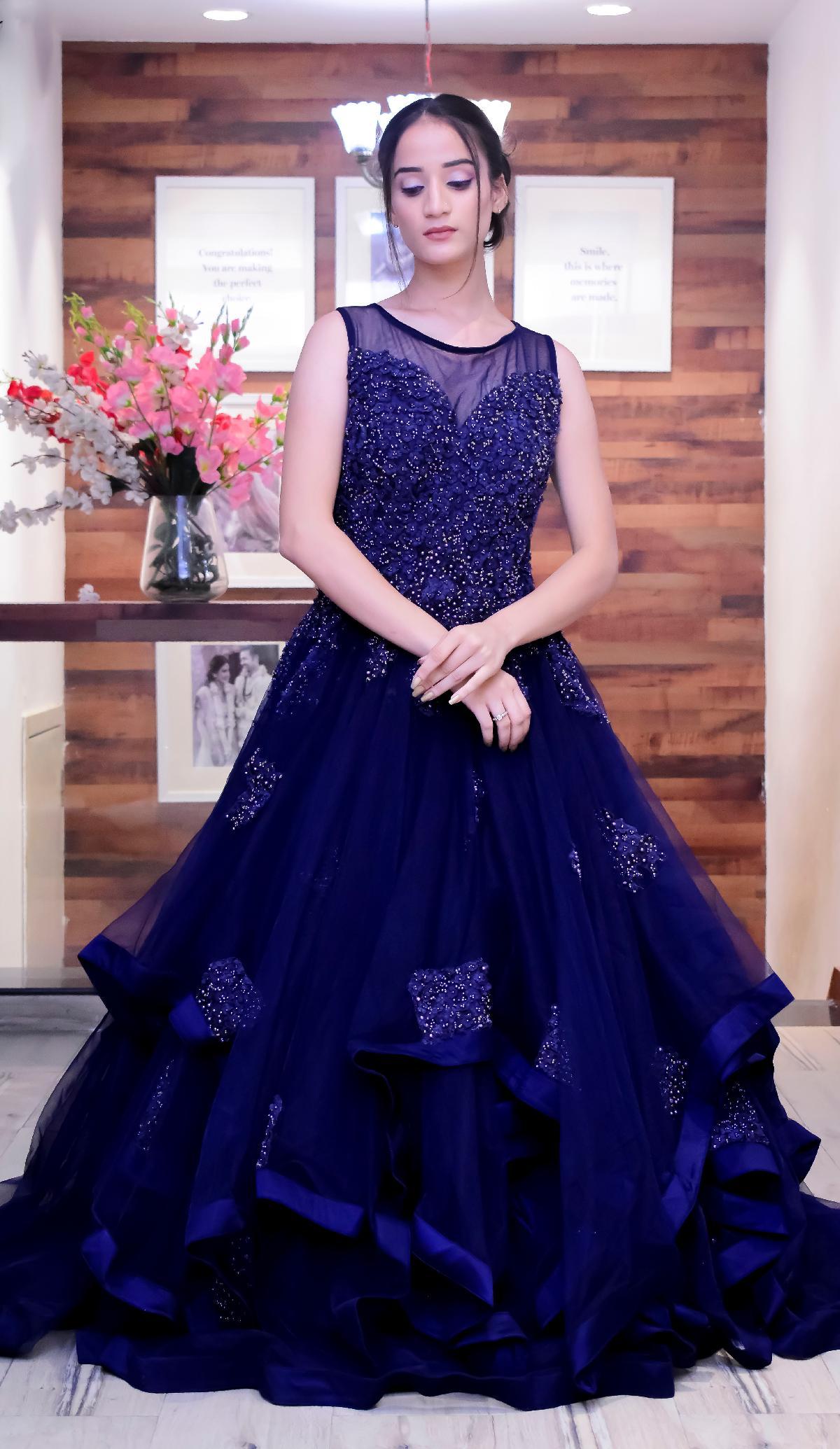 Navy Blue Blue Ethnic Gown by HER CLOSET for rent online | RENT IT BAE