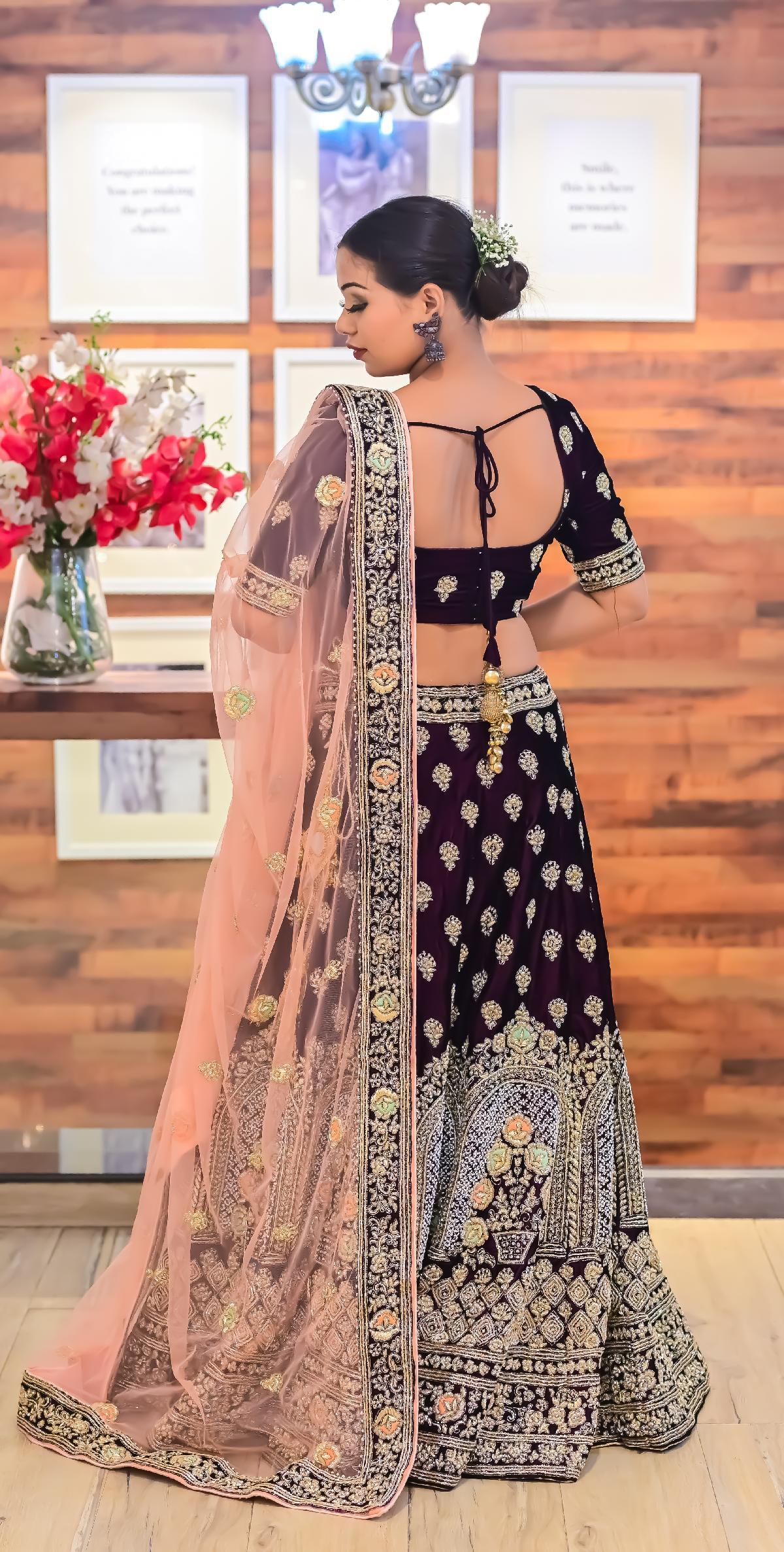 Nakkashi Bridal Wedding Wear Maroon Jacquard Velvet Peach Silk Lengha