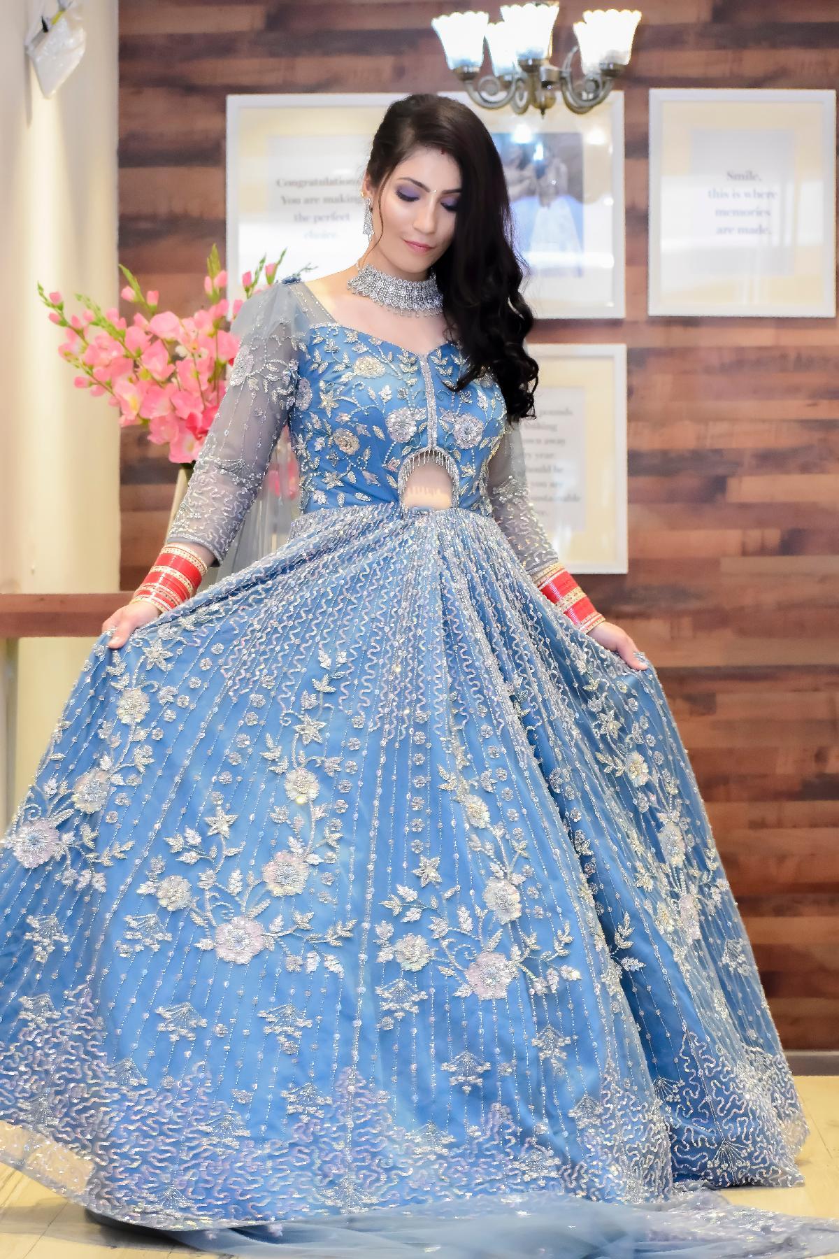 Buy Sky Blue Sequins Embroidered Net Bridal Gown Online  Samyakk