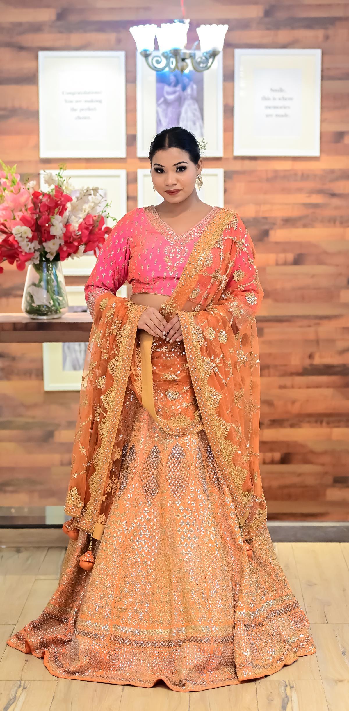 Buy Orange Dupion Silk Embroidery Leaf Neck Bridal Lehenga Set For Women by  Vandana Sethi Online at Aza Fashions.