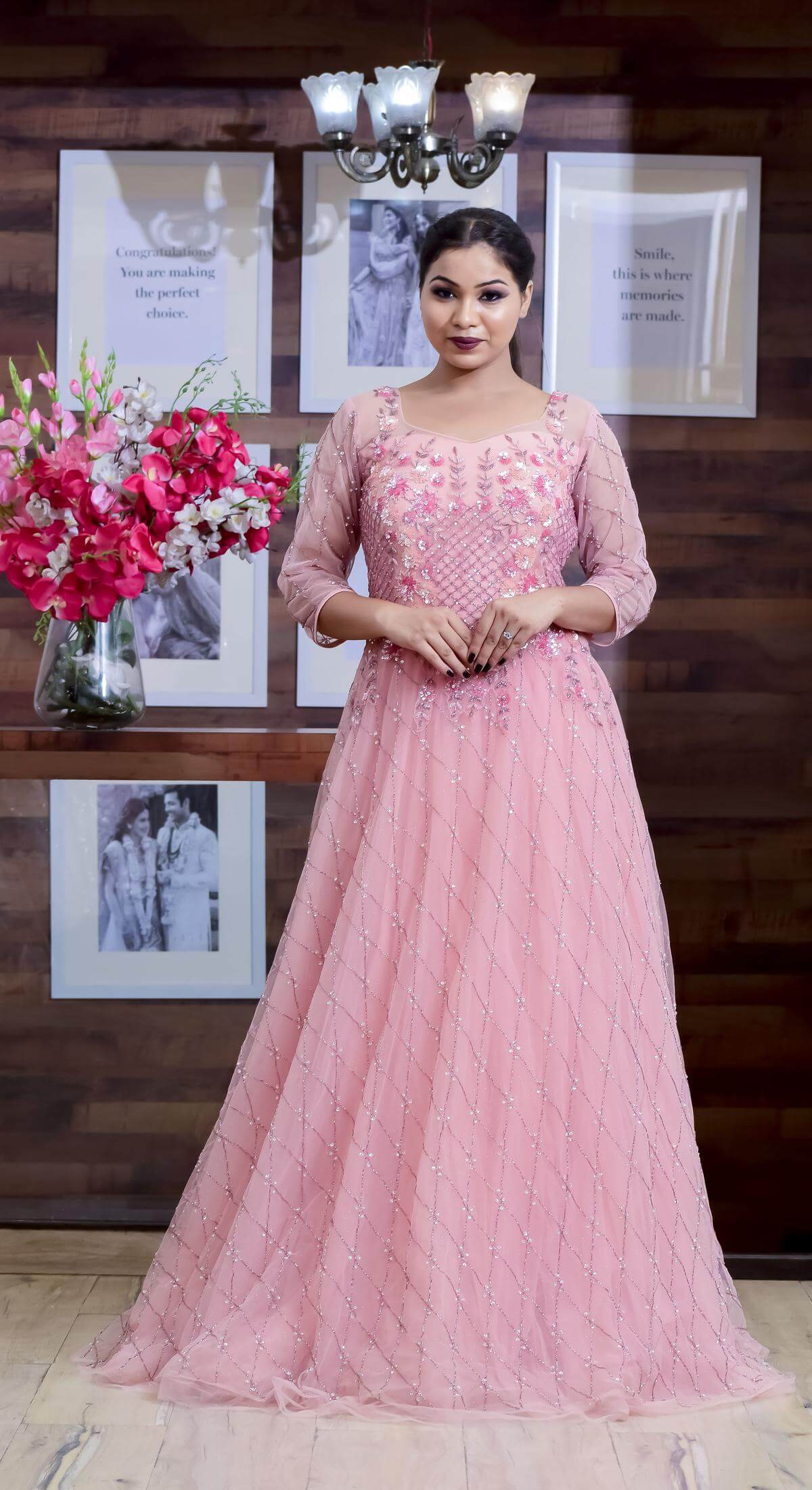 Buy  Rose Pink Embellished Net Gown On Pooja Peshoria