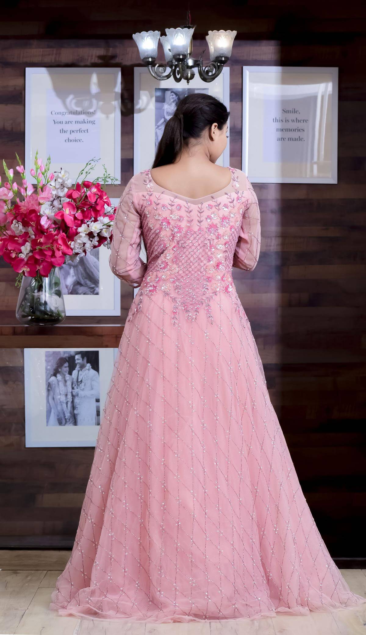 Pink Baby Pink Embroidered Gown by HER CLOSET for rent online | FLYROBE