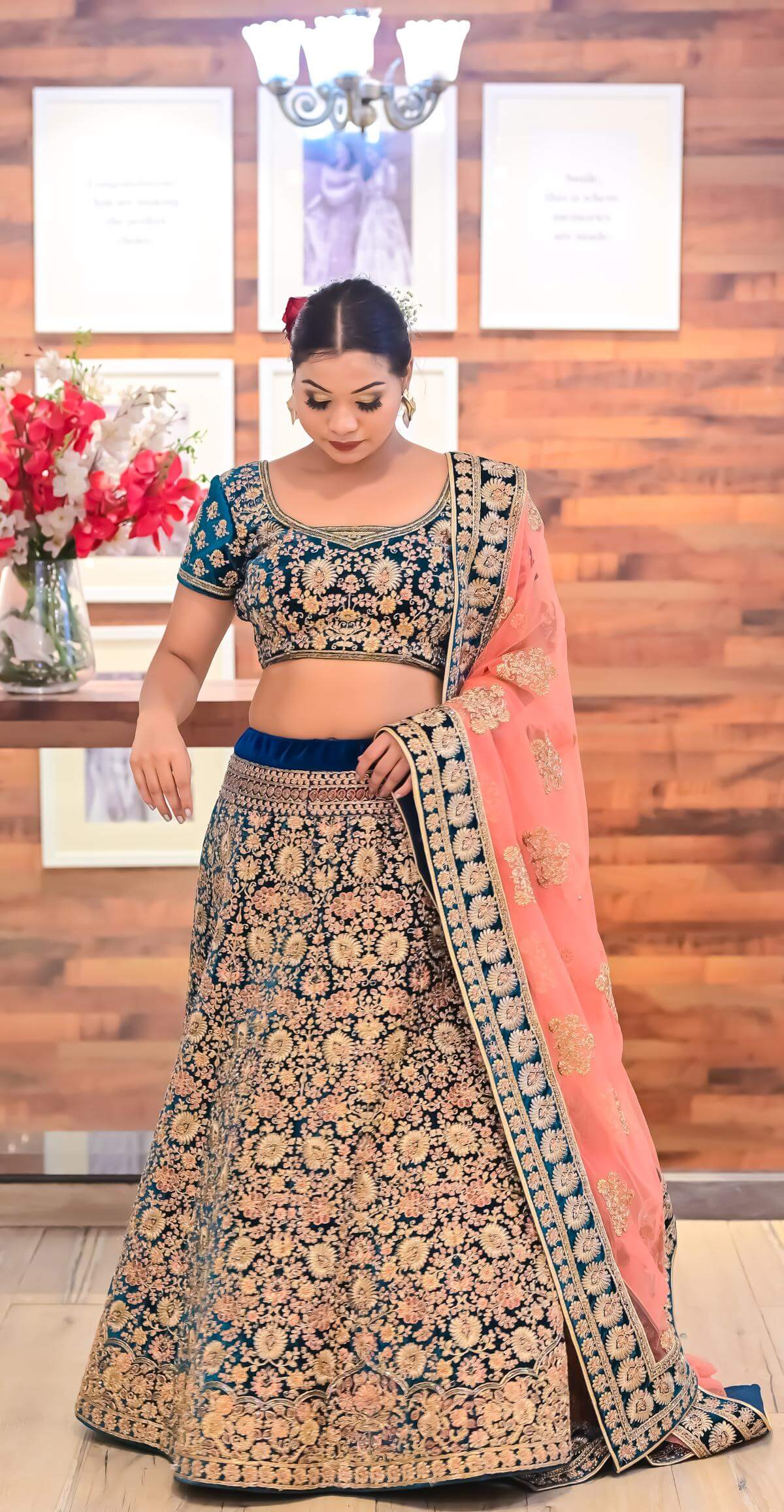 Florence Navy Blue & Peach-Coloured Embroidered Semi-Stitched Lehenga &  Unstitched Blouse with Dupatta