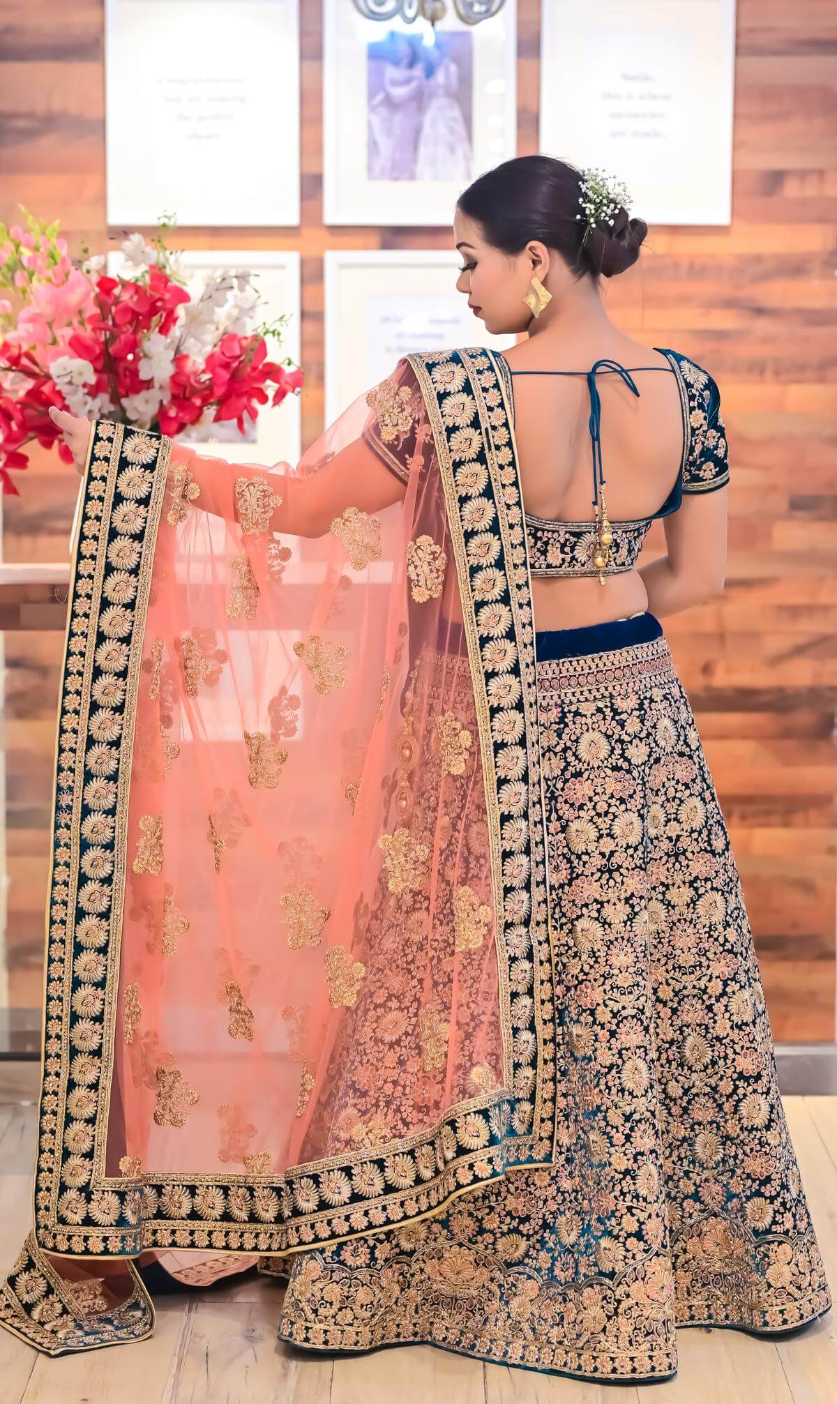 Yellow One Shoulder Blouse & Peach Lehenga | WaliaJones