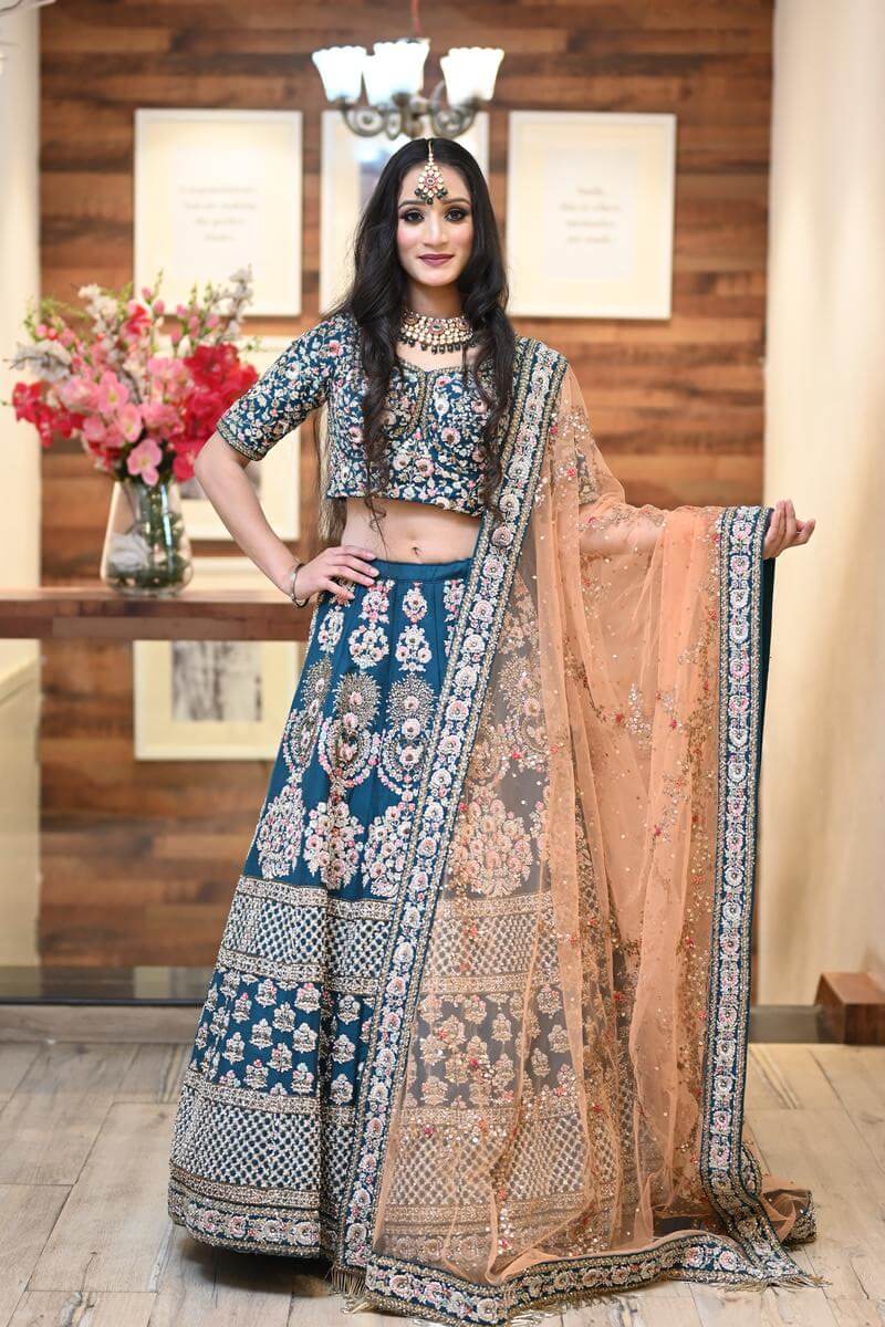 Blue And Peach Poly Silk Machine Work Semi Stitched Lehenga | Indian  outfits, Indian fashion, Indian attire