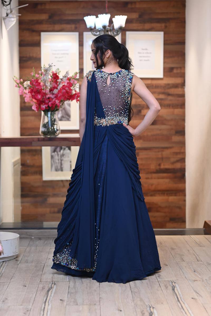 Royal Blue Silk Anarkali /Gown With Net Dupatta – Mongas