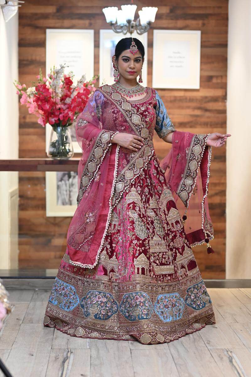 Two Chunri Maroon Wedding Lehenga Choli Indian Ethnic Lengha Velvet Lahanga  Sari | eBay