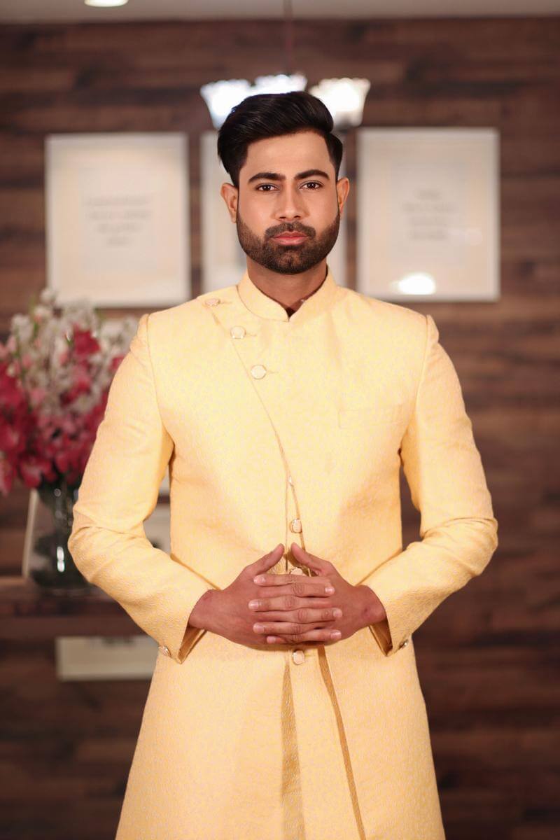 Yellow Embroidered Indo With Dhoti by Raymonds for rent online | FLYROBE