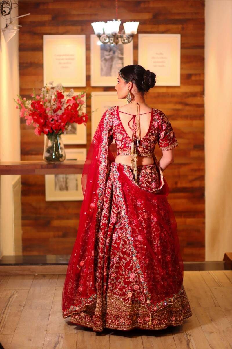 Buy Bridal Red Zari Zarkan Embroidered Wedding Lehenga Choli In UK