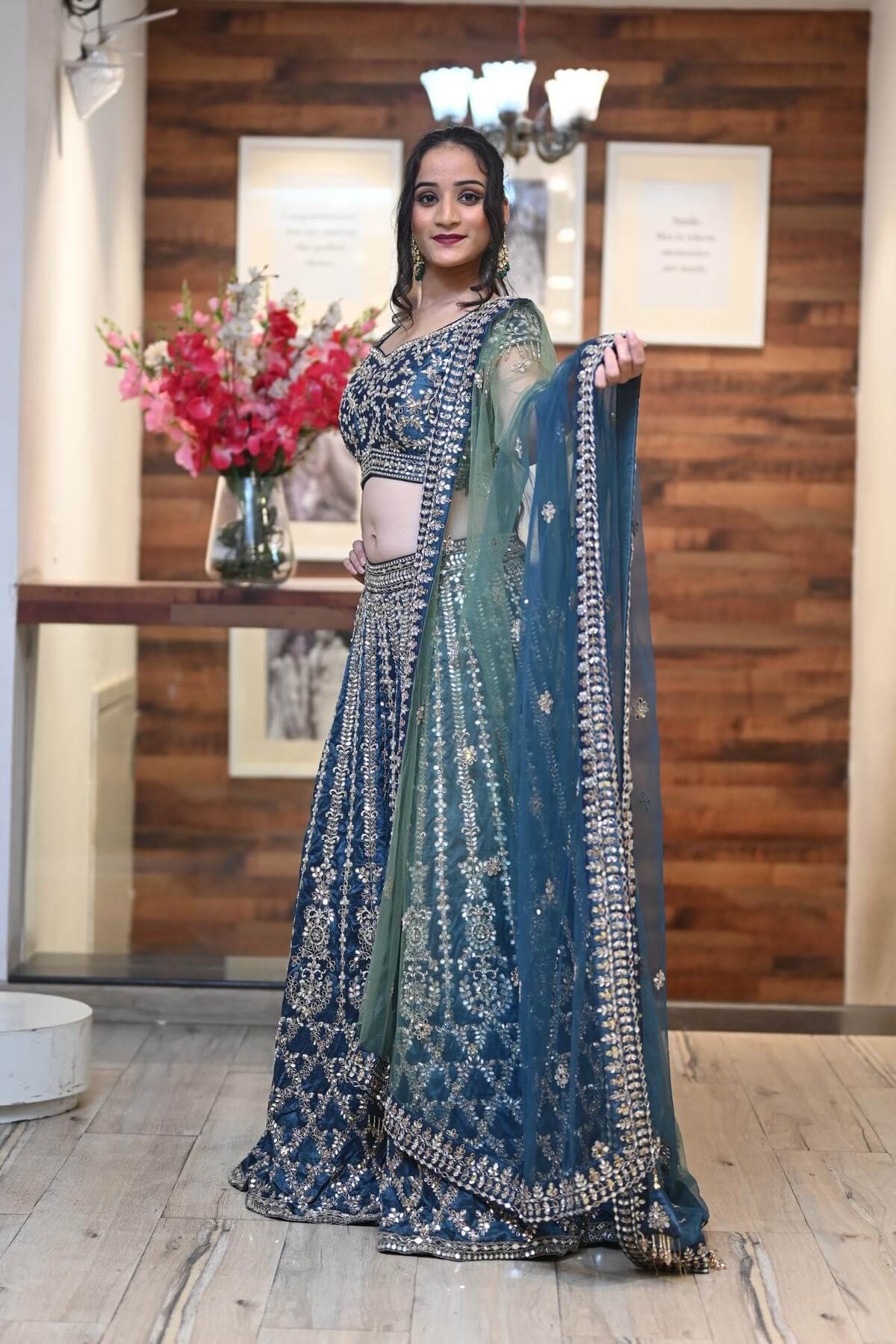 Gold Embroidered Blue Lehenga Set