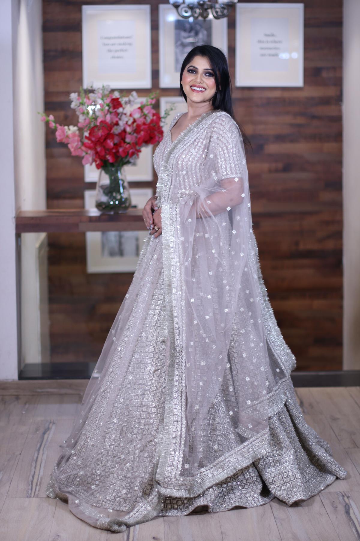 Bluish Grey Classic Lehenga Set with Silver Zari Patterned Embroidery -  Seasons India