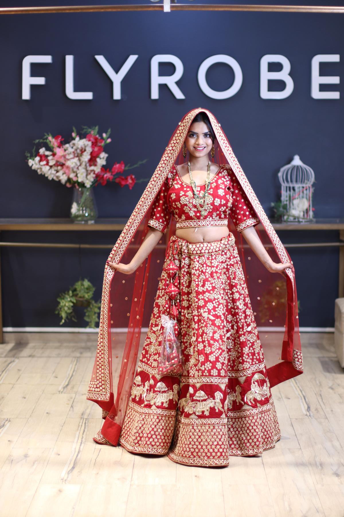 Red Embellished Satin Bridal Lehenga Set with Belt main image 1