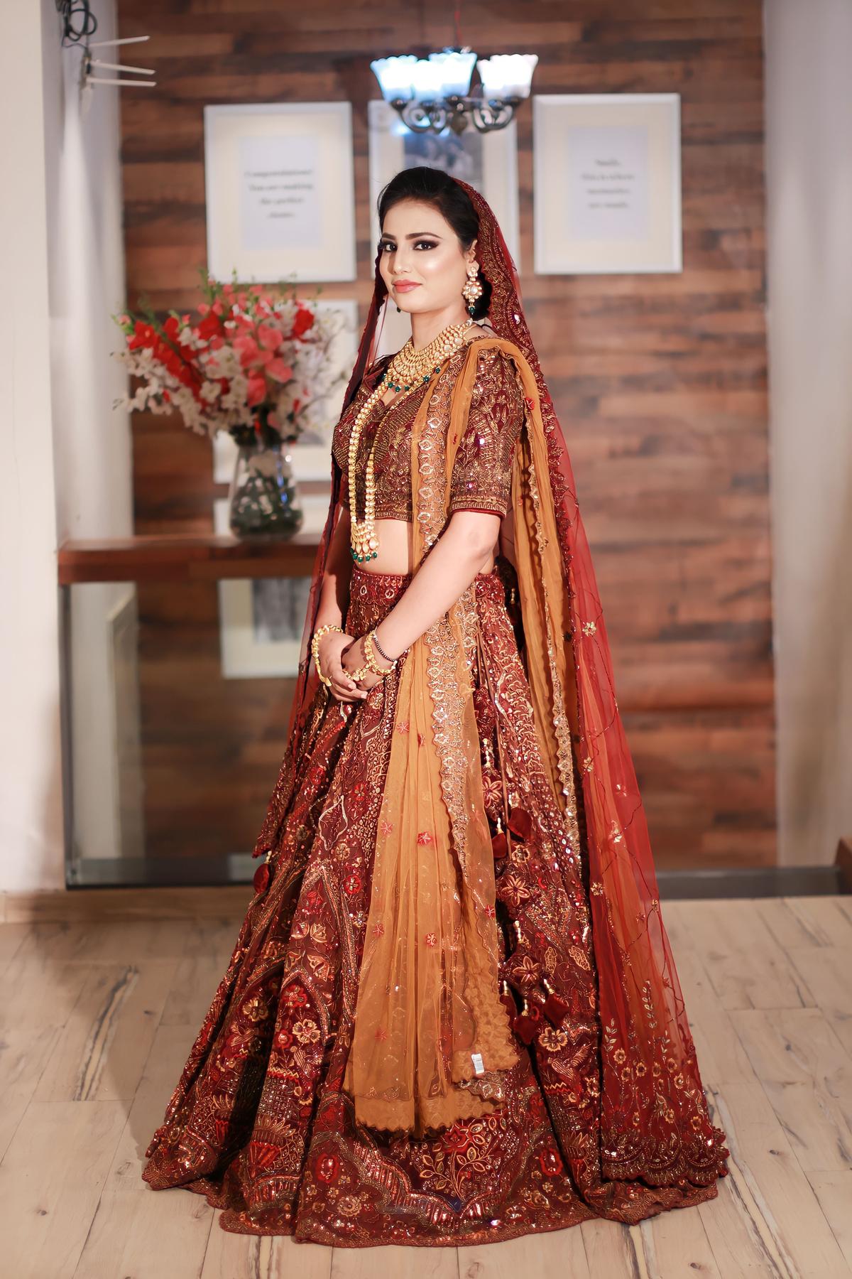 Buy Cherry red and Sunrise Orange Rhinestone Work Bridal Lehenga Online in  the USA @Mohey - Lehenga for Women