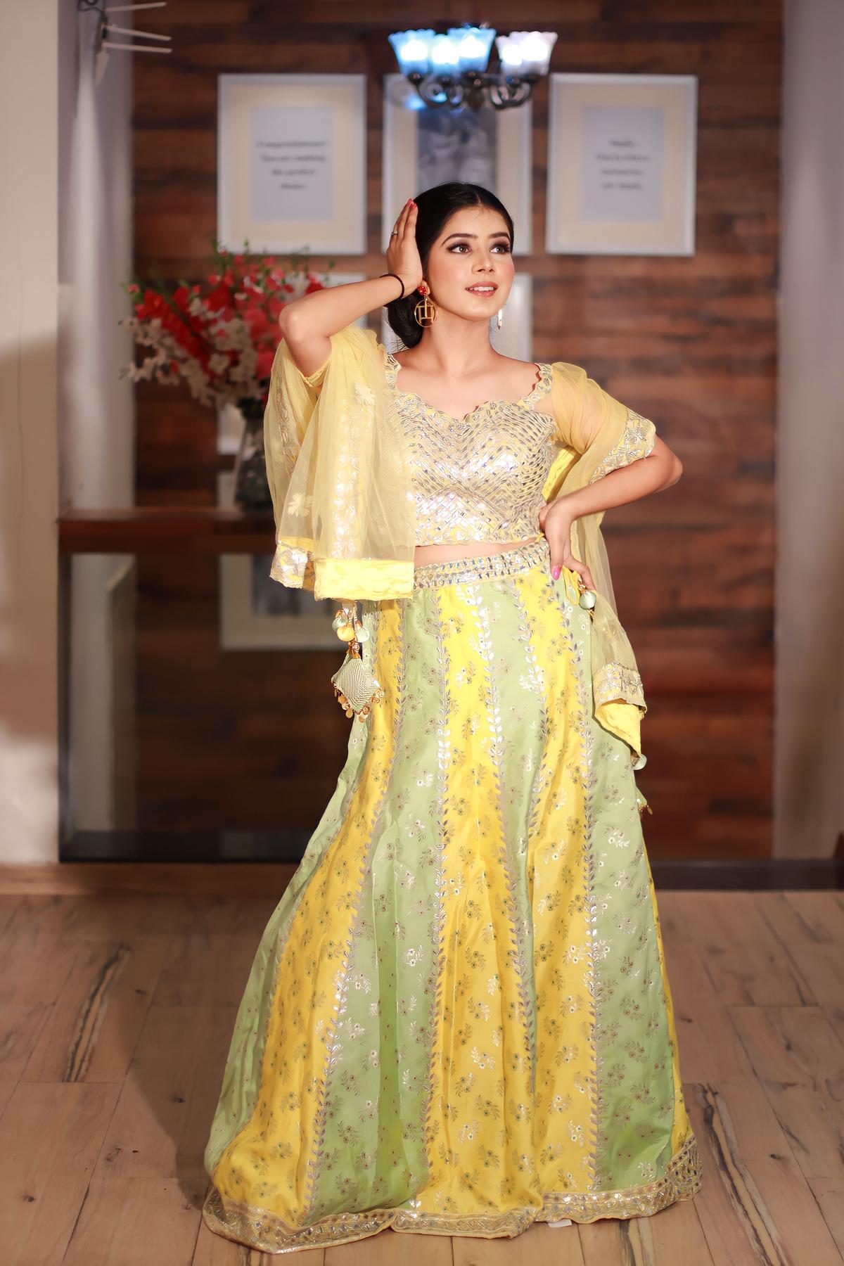 Designer Yellow and Parrot Green Shaded Silk Lehenga Choli