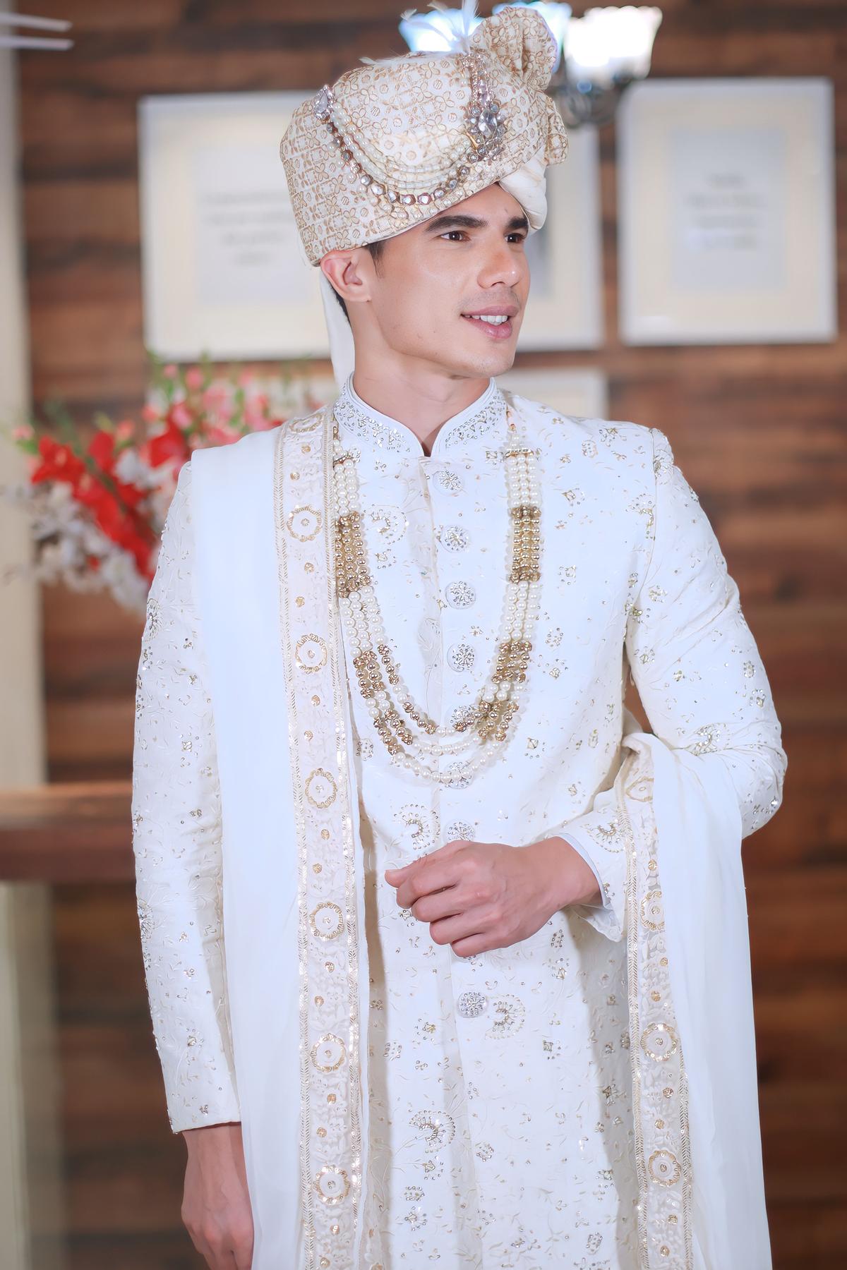 White Sequined Embroidered Sherwani With Stole