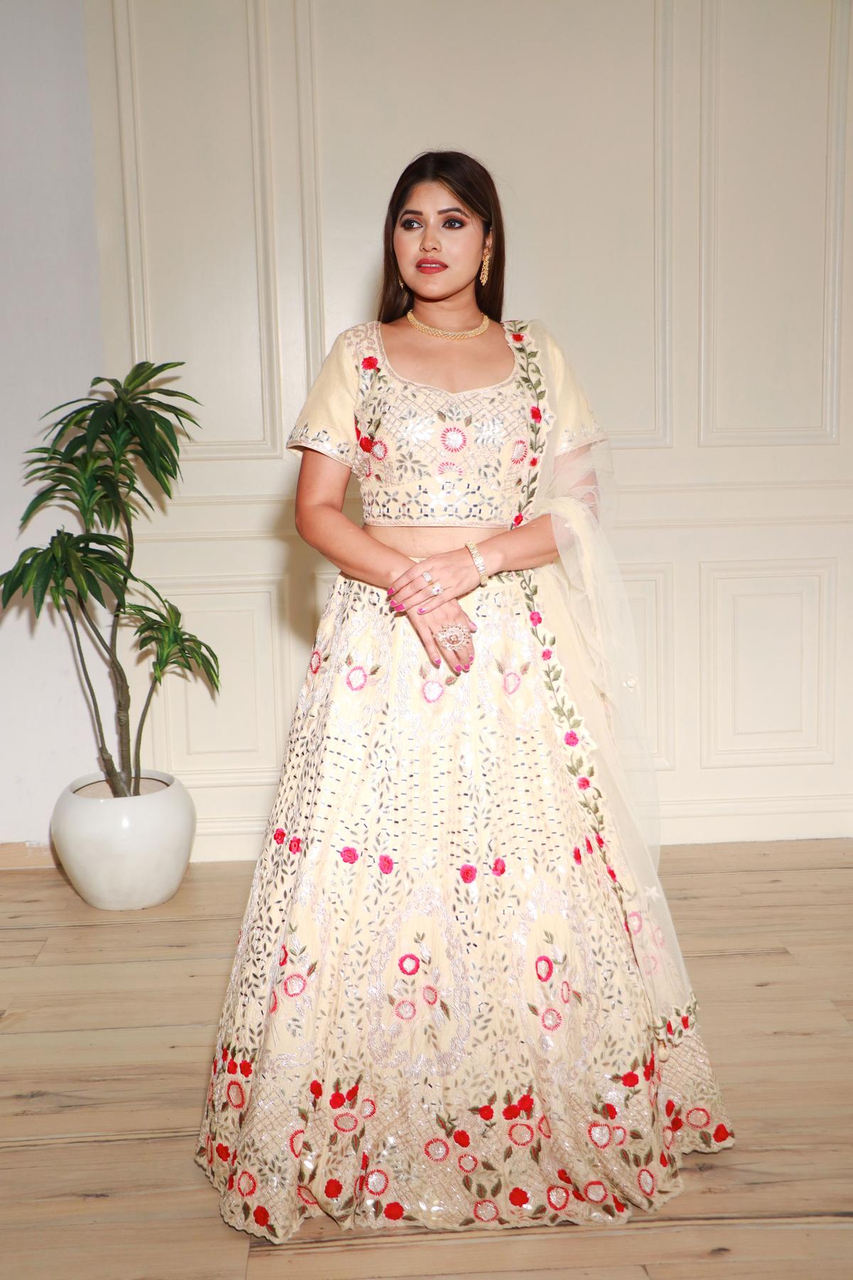 Shop Online Cream and Pink Georgette Embroidered Lehenga with Dupatta –  Pure Elegance