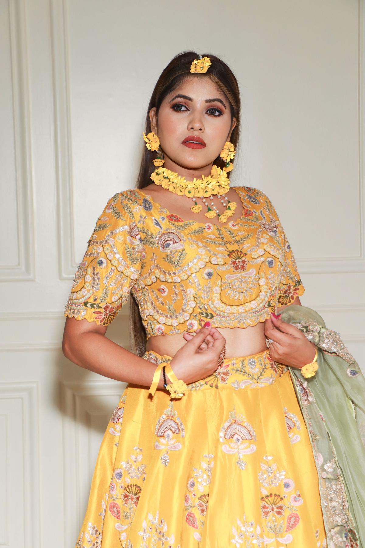 Lime Yellow Lehenga with Floral Sequins | Seema Gujral – KYNAH