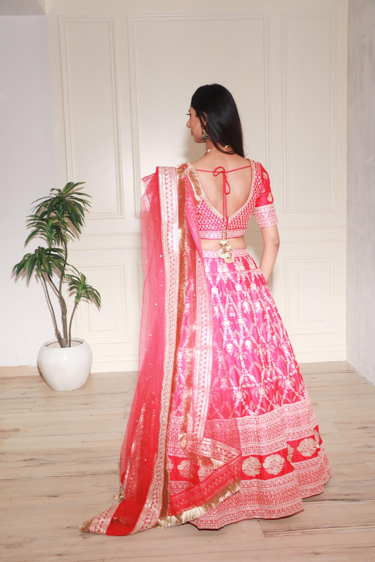 Buy Pink And Crimson Embroidered Wedding Lehenga Choli In USA, UK, Canada,  Australia, Newzeland online