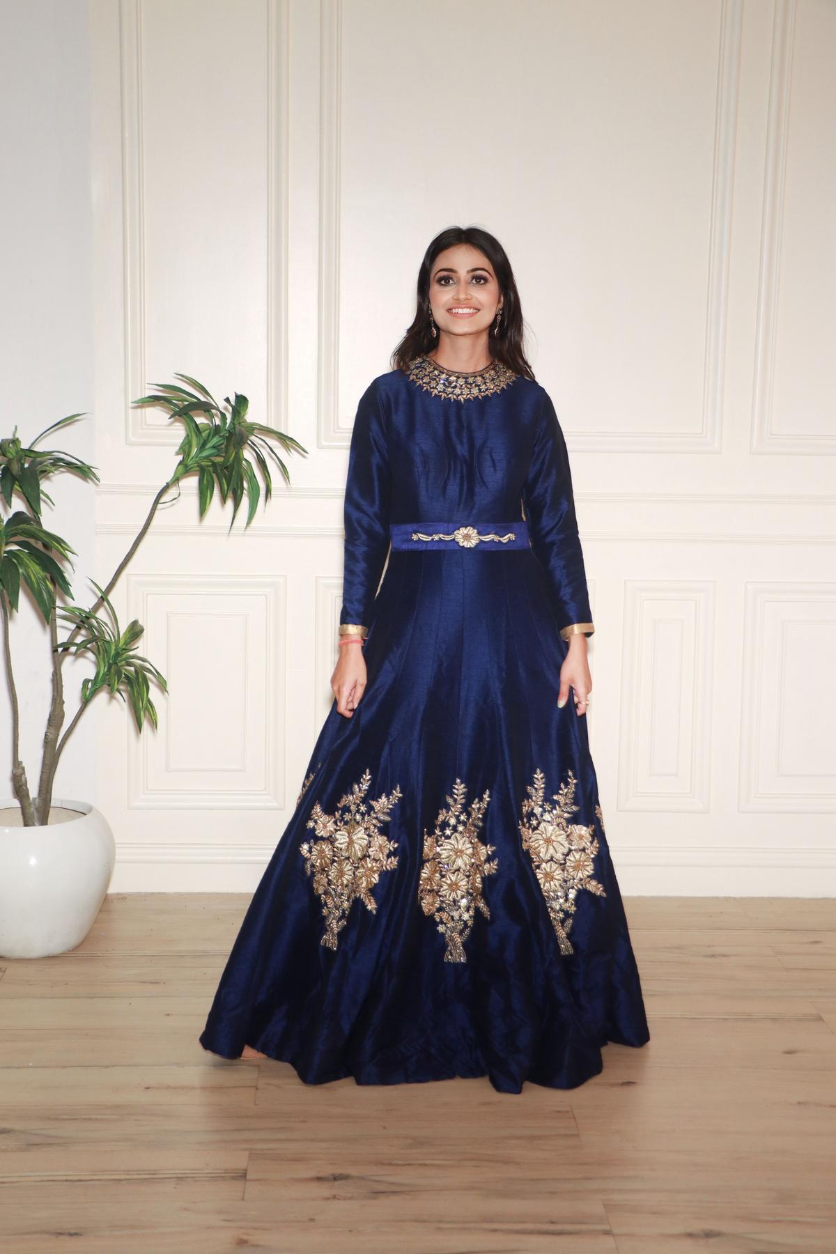 Blue Navy Blue Embroidered Gown by HER CLOSET for rent online | FLYROBE