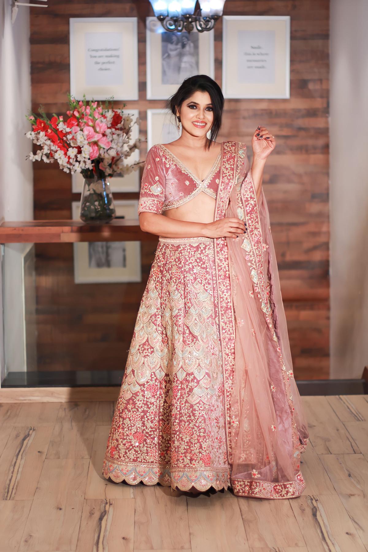 Blush Pink Blush Pink Velvet Lehenga by HER CLOSET for rent online | FLYROBE