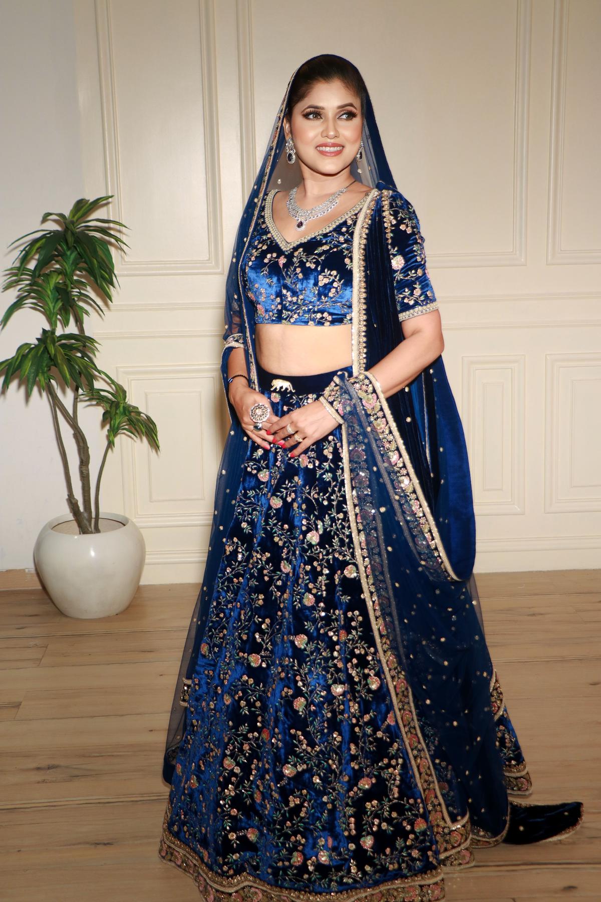 Navy Blue Wedding Lehenga with silk velvet embroidery and zardozi – Panache  Haute Couture