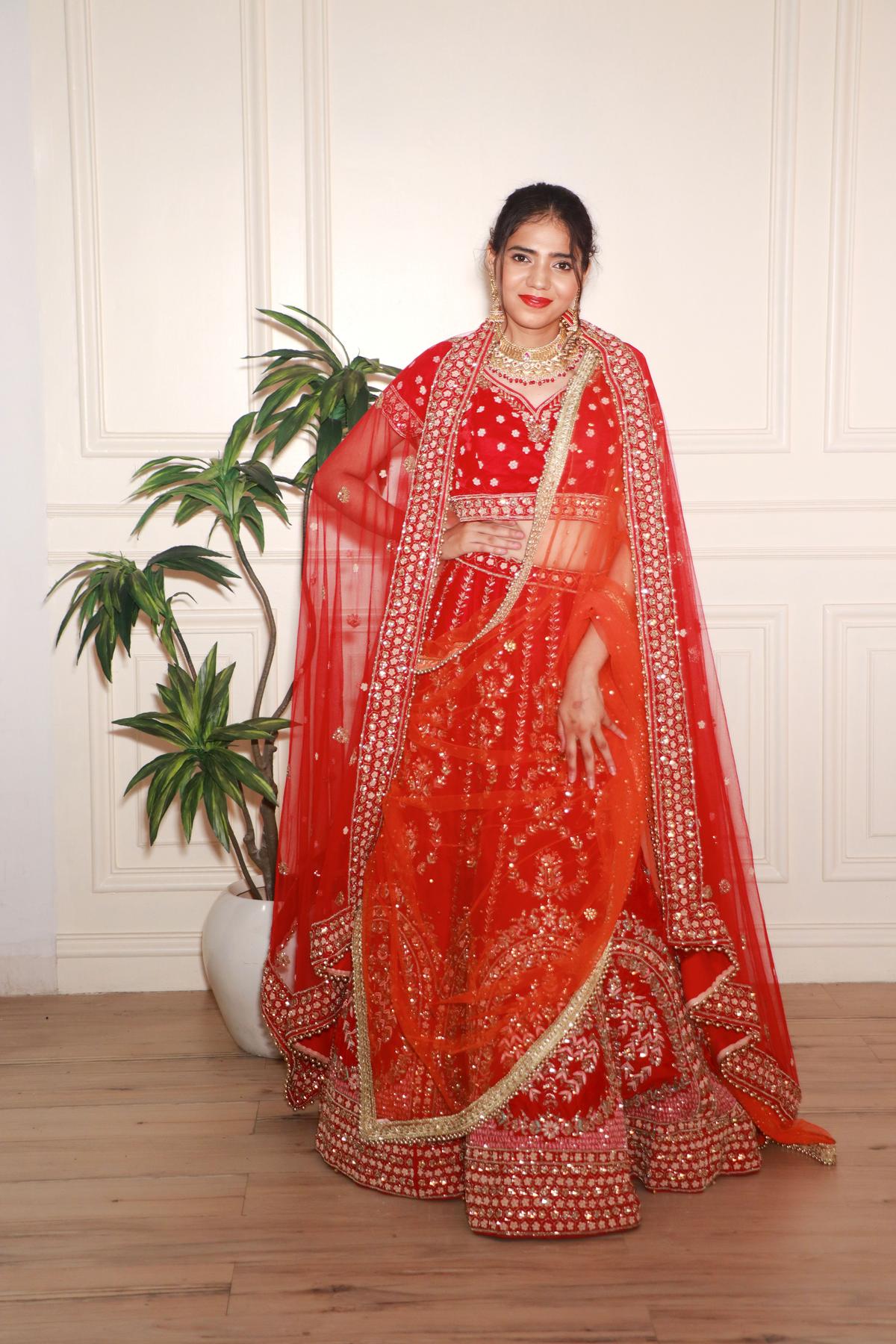 Full Embroidered Red Net Bridal Lehenga DTL245