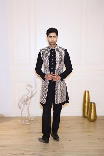 Black Blazer Set In Suit Fabric Design by Megha Kapoor Label Men