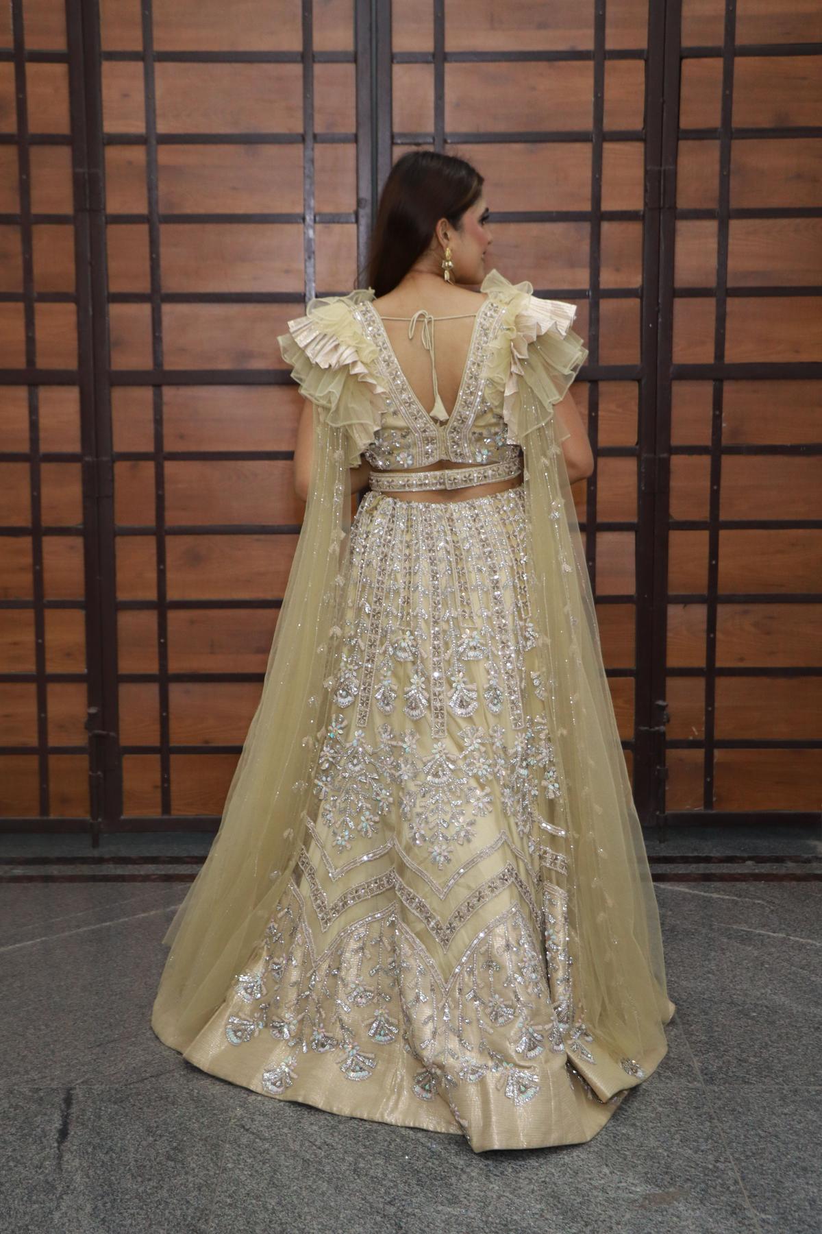 Golden Golden Embellished Ethnic Crop Top Skirt by HER CLOSET for