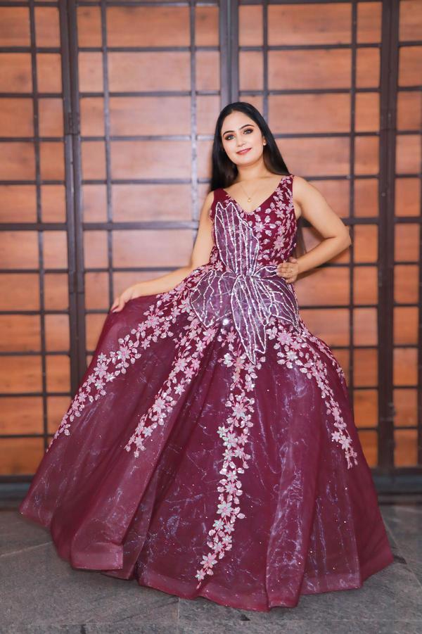 Wine Designer Function Wear Heavy Readymade Gown