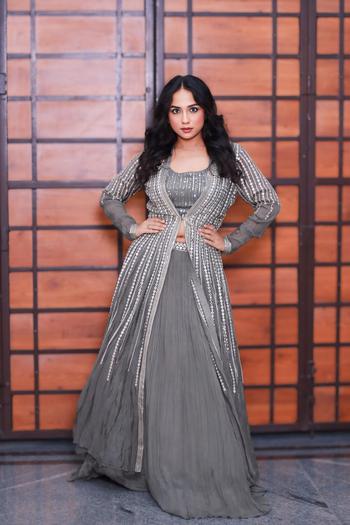 white christmas dresses Shop Grey Silk Designer Jacket Set Online main image 1
